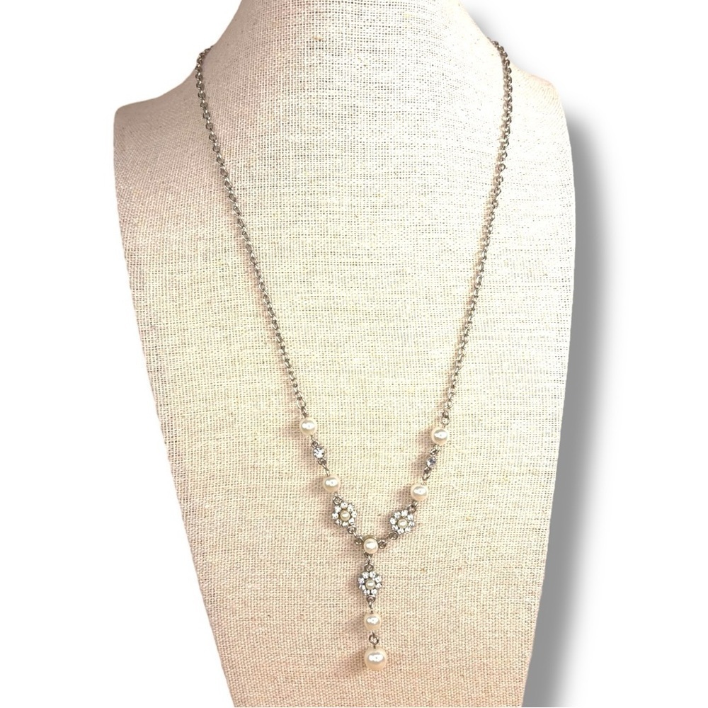 Vintage Floral Pearl Silver Necklace Retro Wedding Event Formal Prom